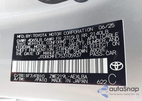 2025 Toyota Corolla Hybrid Le from USA, damaged, VIN JTDBCMFE7S3105937